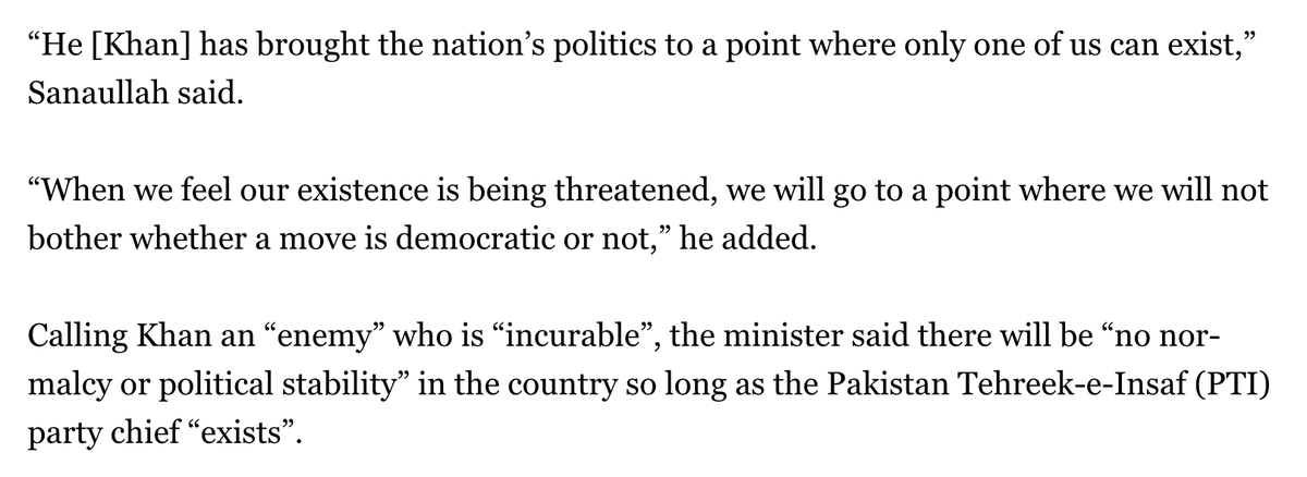 mehdirhasan's tweet image. ‘Either Imran Khan exists or we do’

What on earth is this, from the Pakistani interior minister? 

This is the kind of demonizing/dehumanizing rhetoric that precedes civil war; that can lead to repression and genocide. It needs to be condemned globally. 
aljazeera.com/news/2023/3/27…