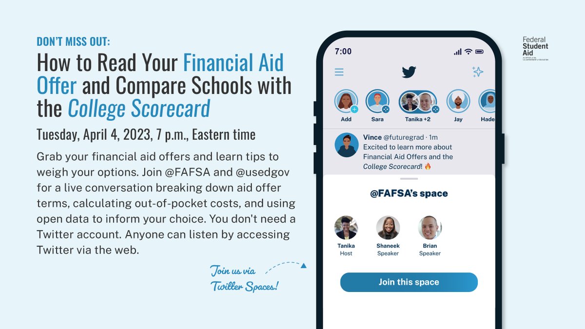#Classof2023, need some help making your final college decision? That's what we're here for!​
Join our live conversation next Tuesday to get advice from the experts.​
Set a reminder or add it to your calendar: x.com/i/spaces/1Yqxo…