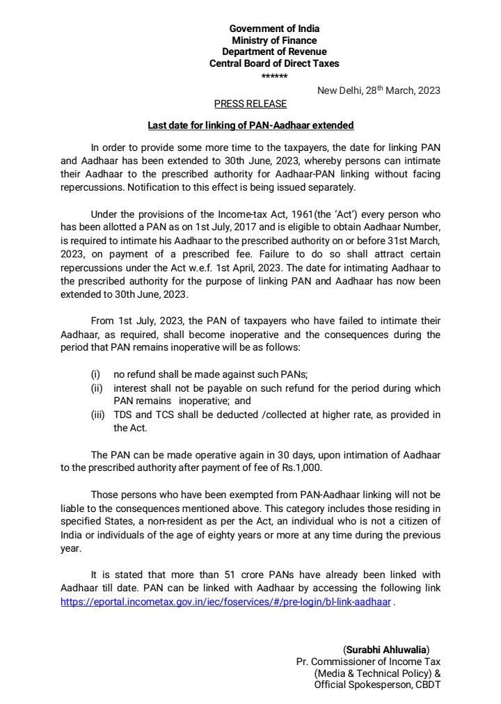 i_xperts's tweet photo. In order to provide some more time to the taxpayers, the date for linking PAN &amp; Aadhaar has been extended to 30th June, 2023. https://t.co/quwHZt8YFK
