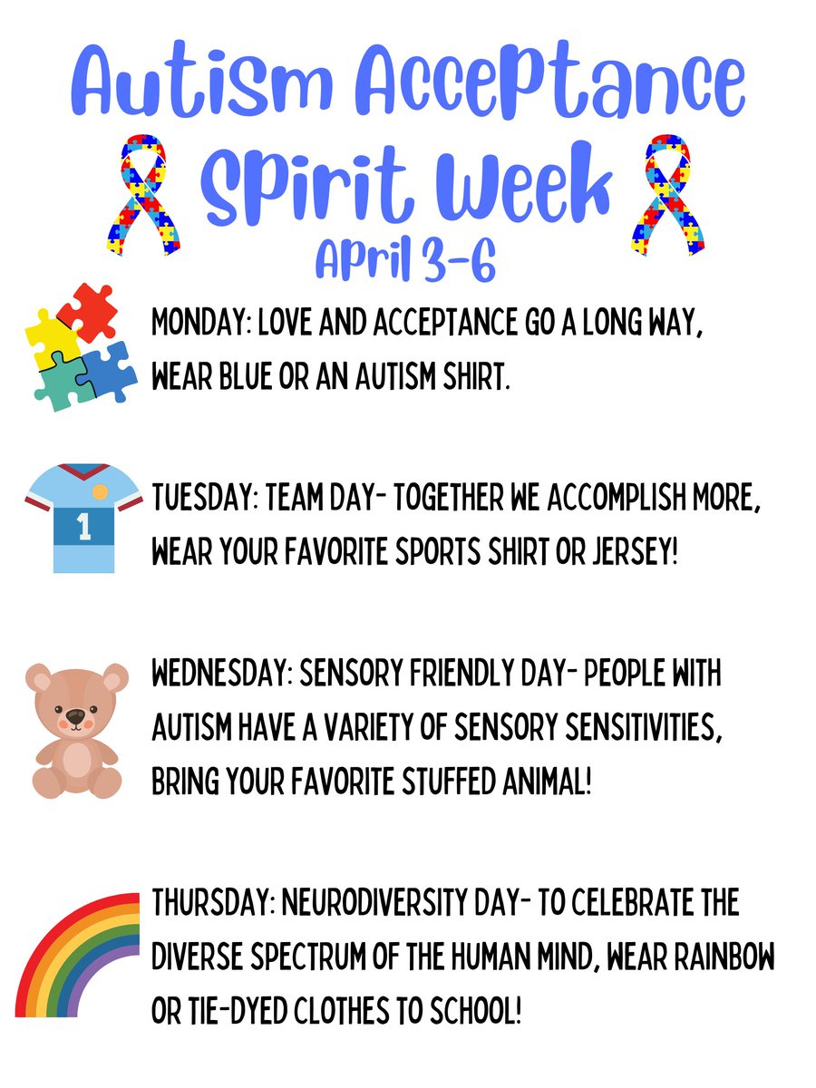 GVESGrizzlies's tweet photo. Join GVES for Autism Acceptance Spirit Week! https://t.co/quBJUIZe4z