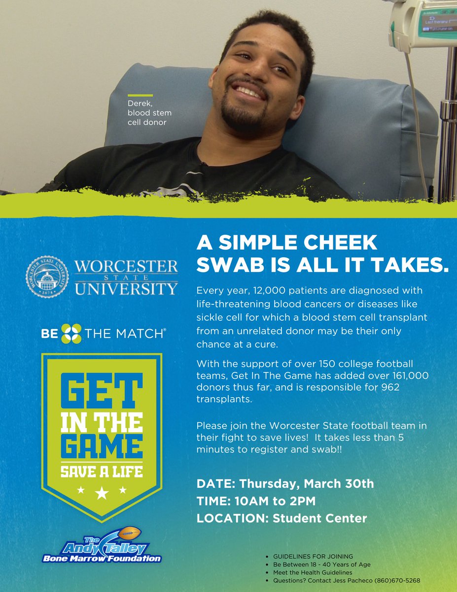 Join 🏈 this Thursday 3/30 for the @BeTheMatch event in the Student Center from 10AM - 2PM! @WSU_LancerFB is partnering with @BeTheMatchNE to register potential blood stem cell donors. Come #GetInTheGame and save a life! #BeTheMatch 🔨#BTH🔨