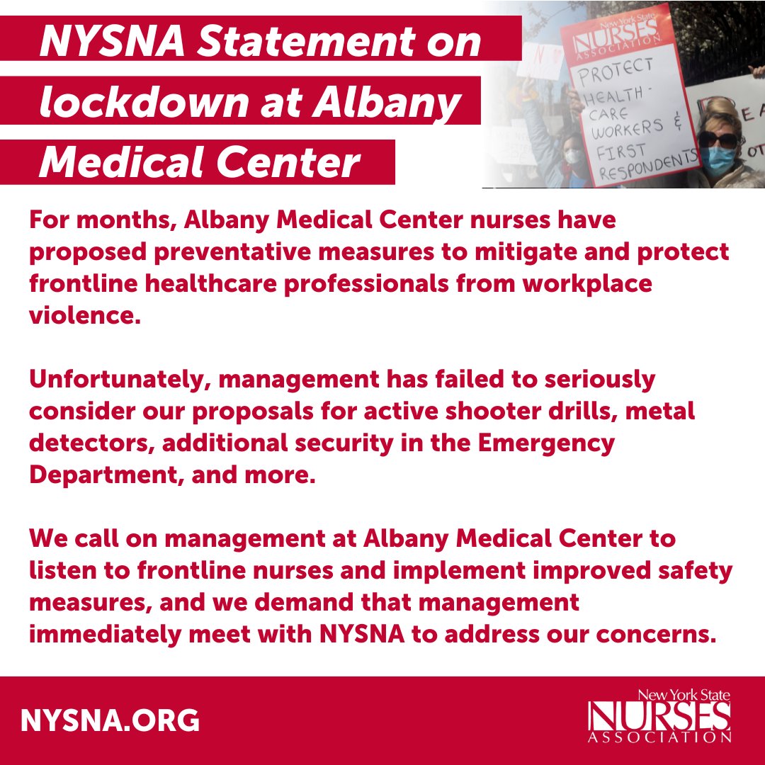 nynurses's tweet photo. We are deeply disturbed by the safety breach that took place last night at Albany Medical Center. We call on management to listen to frontline nurses and implement improved safety measures, and we demand that management immediately meet with NYSNA to address our concerns. https://t.co/RAfuKlWrw6