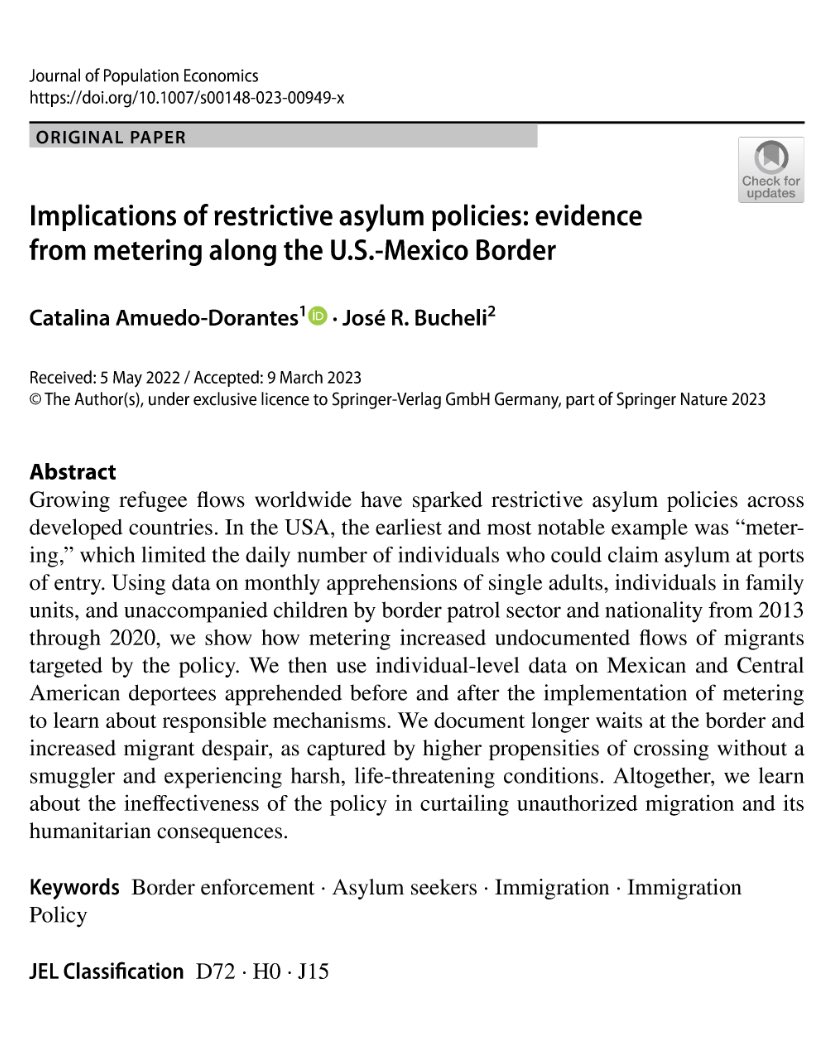 jrbucheli's tweet photo. Can preventing asylum seekers from reaching ports of entry backfire? 

In this new article with @AmuedoDorantes, we find that ‘metering’ asylum seekers during the Trump administration pushed many to cross the border illegally. https://t.co/1NfCfVSr6i #EconTwitter https://t.co/yVnPcYb9sk