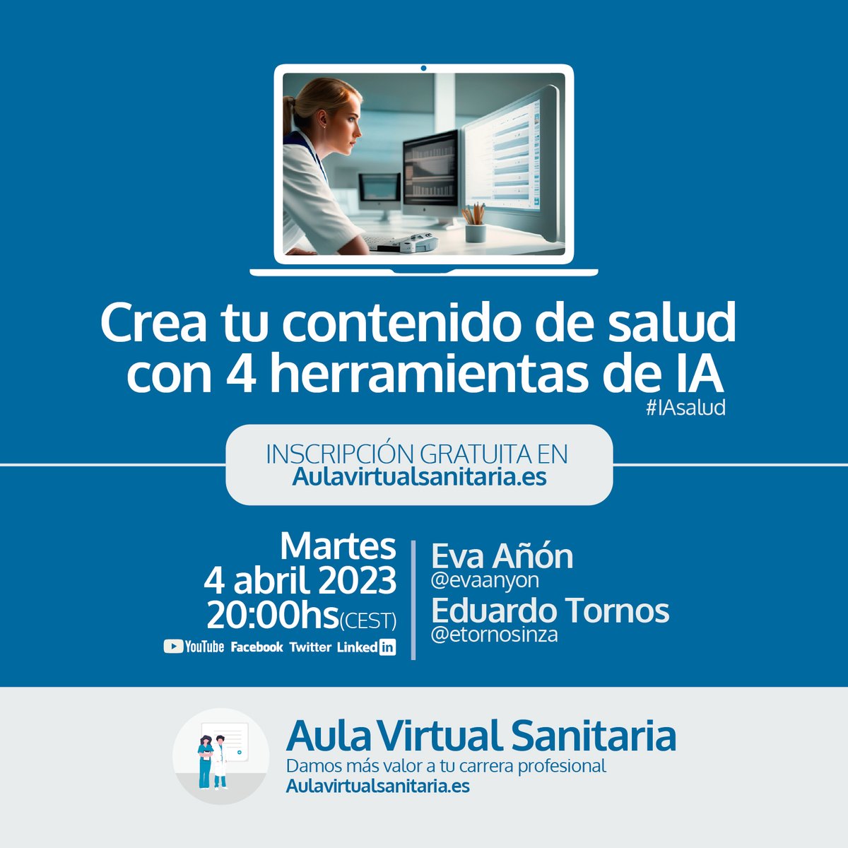 evaanyon's tweet photo. 👩‍🏭Nos ponemos el mono de trabajo y vamos a empezar a implementar la IA en nuestro trabajo diario para crear contenidos de Salud. Os contamos un par de ejemplos el 🗓️ Martes 04 de Abril a las 20.00 h (CEST)
 👉Crea contenidos de / sobre salud utilizando herramientas basadas en #IA #GenAI para tus redes sociales, blog, presentaciones y formaciones para profesionales y pacientes.

🆓 Inscripciones en https://t.co/Pd3qOwQHE3 
🏥 #AulavirtualSanitaria @etornosinza