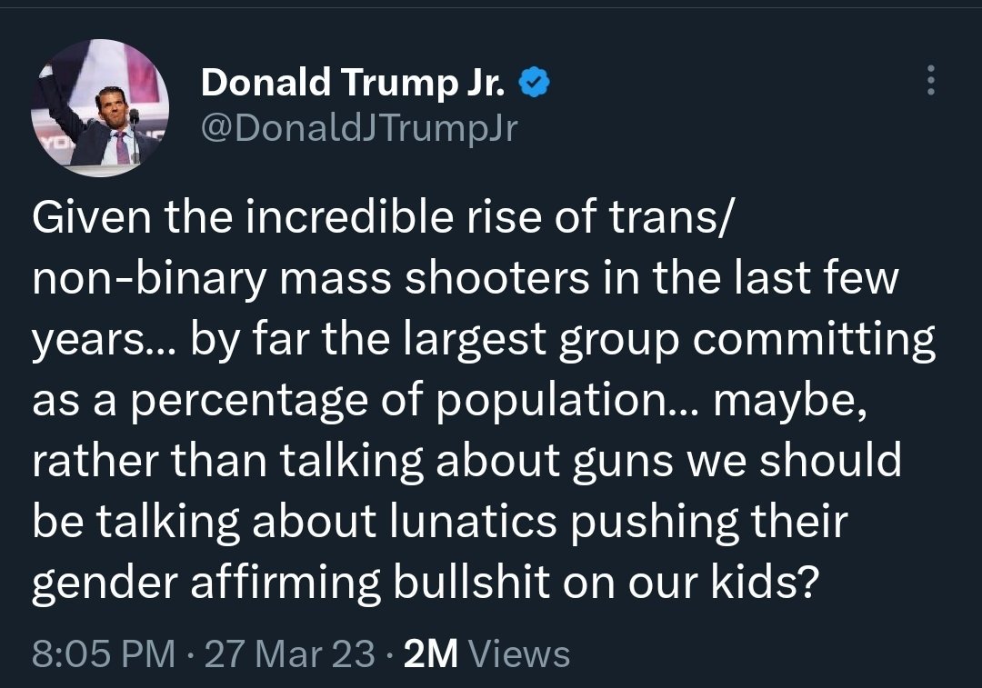 Incorrect.  Since 2018 there have been 2811 mass shootings.  Exactly 4 perps have identified as trans.  That's 0.14% of just the perps.  Even smaller number as a % of population.  Math is hard...try another boogie man.
#PutKidsFirst
#NashvilleCovenantSchool