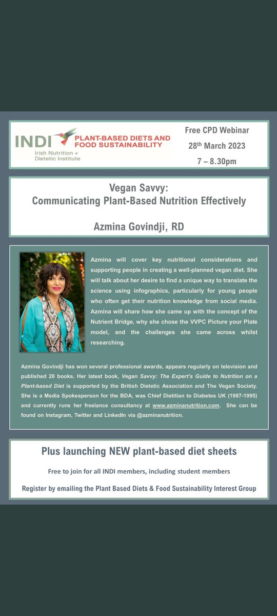 indi_plantbased&sustainability (@indi_plantbased) on Twitter photo It's nearly time!
Webinar starting in 15min
Can't wait to hear from <a href="/AzminaNutrition/">Azmina Nutrition</a>:
Communicating Plant-Based Nutrition Effectively
Webinar being chaired by Gillian McConnell <a href="/WickloDietitian/">Gillian McConnell</a>
Who else is attending?
#plantbased #INDI #plantbaseddietetics It's nearly time!
Webinar starting in 15min
Can't wait to hear from <a href="/AzminaNutrition/">Azmina Nutrition</a>:
Communicating Plant-Based Nutrition Effectively
Webinar being chaired by Gillian McConnell <a href="/WickloDietitian/">Gillian McConnell</a>
Who else is attending?
#plantbased #INDI #plantbaseddietetics