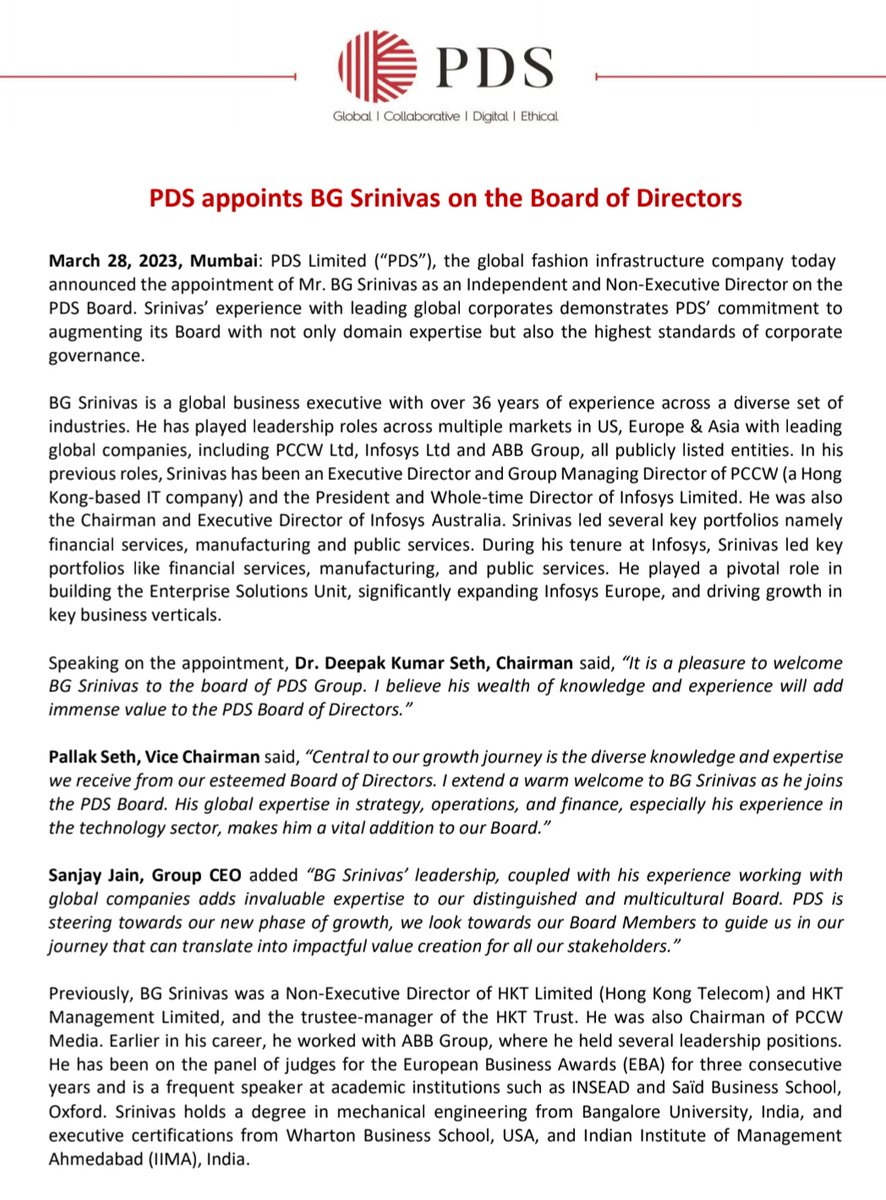 PDS appoints BG Srinivas on the Board of Directors

#PDS #Appoints #Independent #NonExecutiveDirector