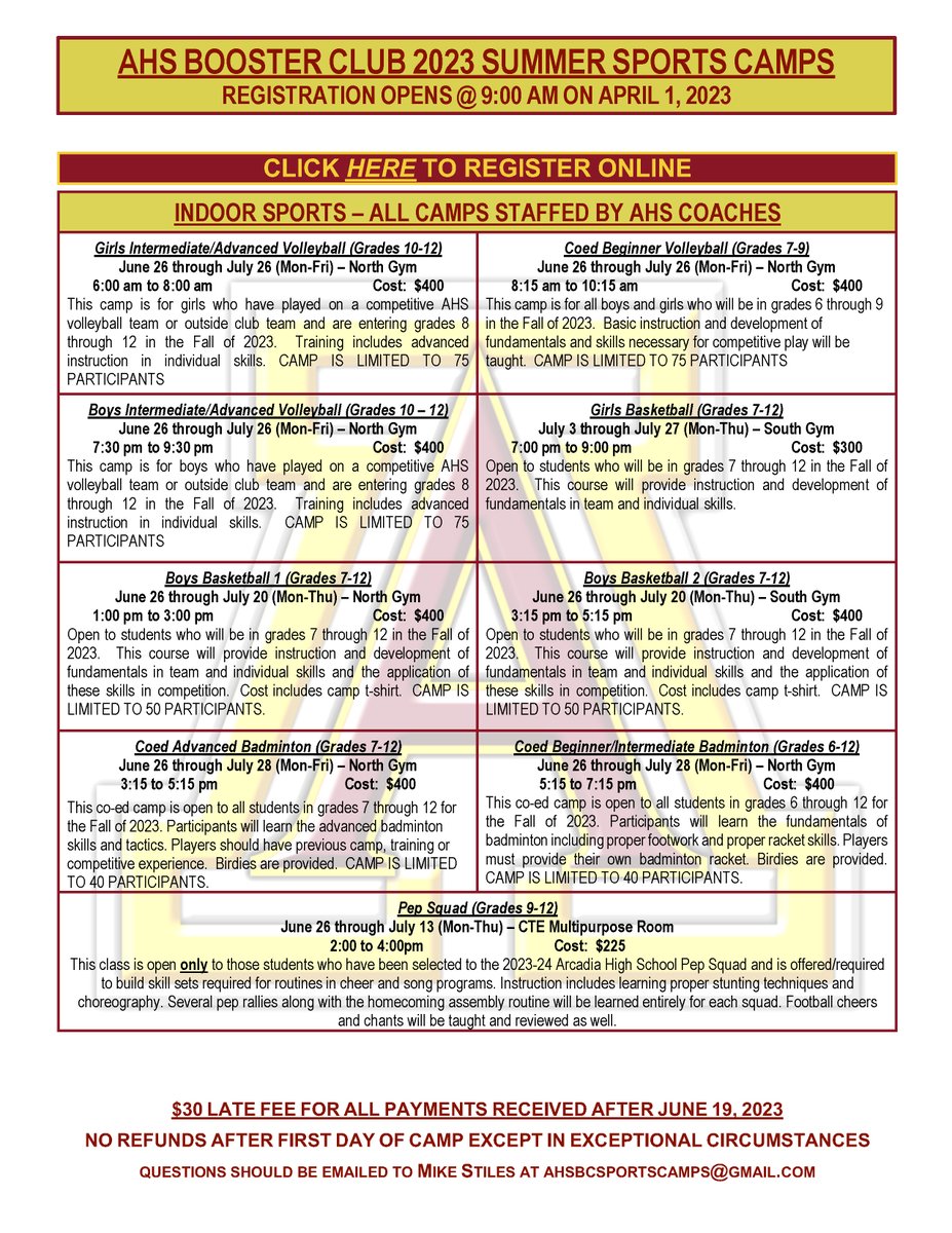 AHSBC Summer Sports Camp Information <a href="/ApacheBadminton/">Arcadia HS Badminton</a> <a href="/ArcadiaUnified/">Arcadia Unified</a> <a href="/Apaches_FB/">Arcadia Apache Football</a> <a href="/SoftballApache/">Apache Softball</a> @ApacheStrong