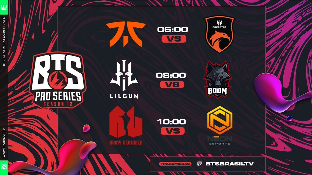 Ferkla3's tweet photo. #BTSProSeries 12! 🏆

🔸 Fase de grupos
@FNATIC x @TNCPredator 
Lilgun x @boomesportsid 
@armygeniuses x @neonesportsdota 

🗣 Com @JasamCaster, @dirmaoURSO e @eduardomelov!  
  
Ao vivo às 6h: 
🟣
#Dota2👇👇 #Dota2 #TI11; #ESLONE #ESLOne 
Original: BTSBrasilTV https://t.co/fX2v30nGrE
