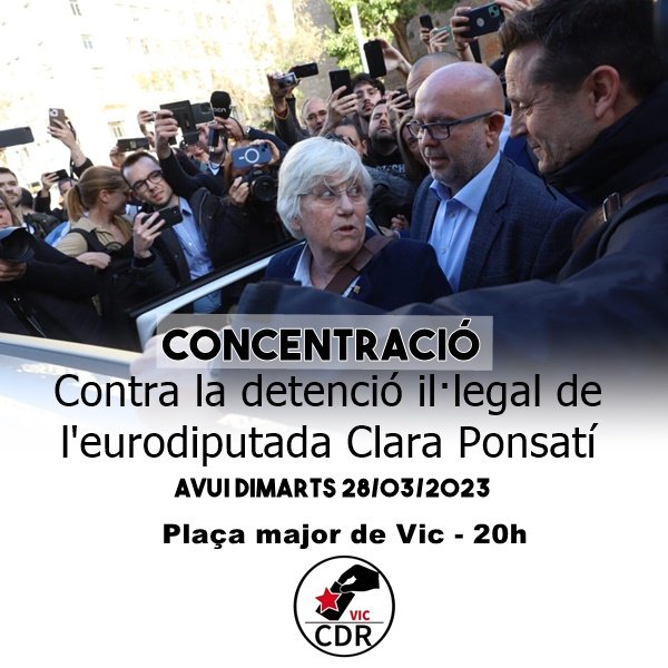 CDRCatOficial: RT @CDRepublicaVic: 🔴 Contra la detenció il·legal de l'eurodiputada @ClaraPonsati per part dels mossos d'esquadra i l'Estat espanyol, independència!
✊🏽 Ens trobem ara a les 8 de la tarda a la Plaça de #Vic

#CDRenXarxa
