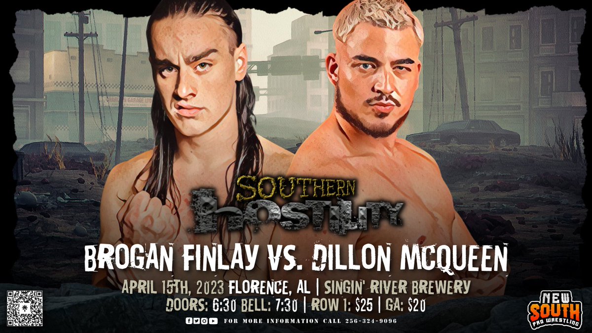 SATURDAY April 15th from Florence AL at the Singin River Brewery SOUTHERN HOSTILITY Doors 630pm Bell 730pm Central @DillonMcQueen FINALLY gets @Brogan_finlay one on one after what went down at the 2023 HOSS Final Four!!!