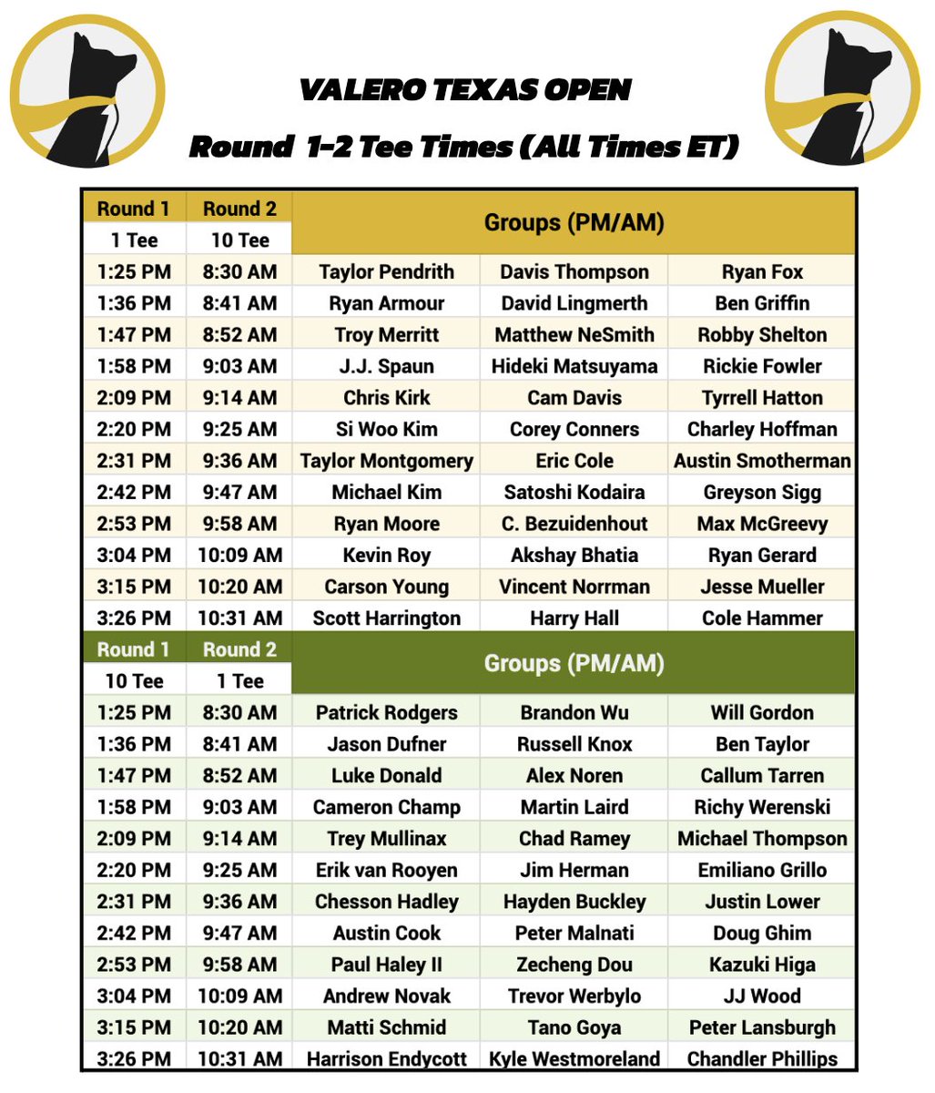 Underdog Golf on Twitter "Valero Texas Open Tee Times for Round 1 & 2"