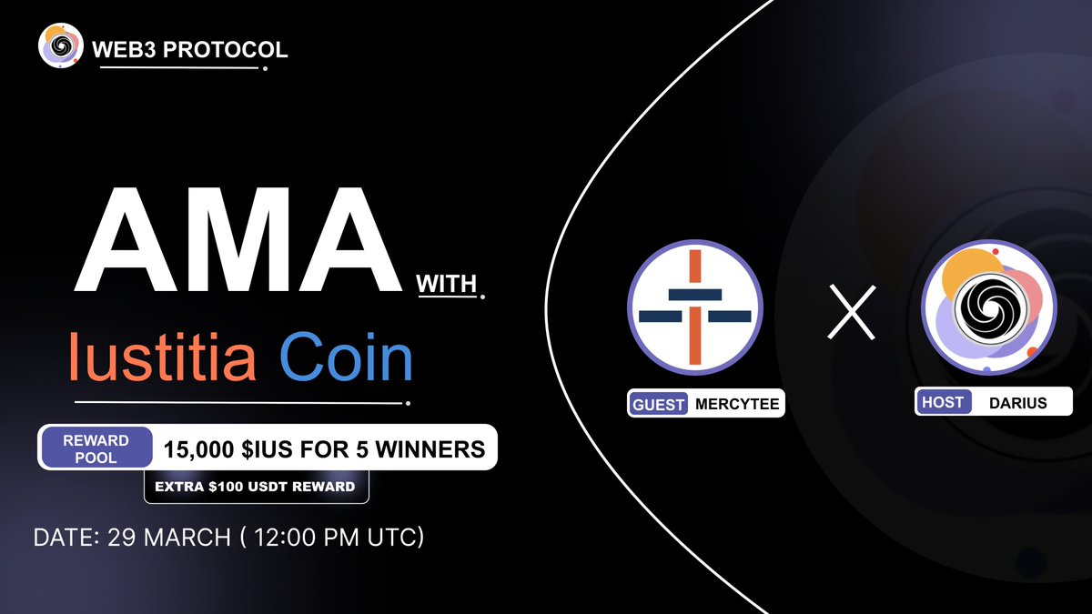 Web3_Protocol's tweet photo. 🎙️Join our first new Telegram Text #AMA with
@IustitiaCoin
Guest:- Mercytee
Schedule:- 29March, 12 PM UTC
Reward:- $100 USDT + 15000 IUS (For 10 People)
To Enter:-
✔️RT & Join telegram:-https://t.co/yslMYm45Yo
✔️ Follow & Com Your Question
#AMA #AMA_SPACE #WEB3_PROTOCOL https://t.co/A4k414HbW7