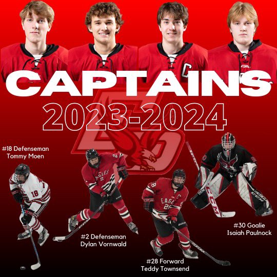 epboyshockey's tweet image. Introducing your 2023-2024 Eden Prairie Boys Hockey Captains:
Tommy Moen, Dylan Vornwald, Teddy Townsend and Isaiah Paulnock