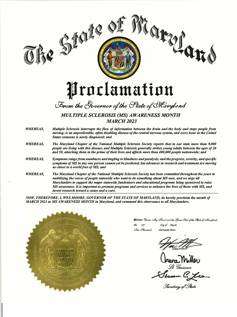 I am proud to have proclaimed March as Multiple Sclerosis Awareness Month in Maryland to support the more than 9,000 Marylanders living with this disease, including our First Lady, @DawnFlytheMoore. Our state will continue to work to improve the lives of those affected by MS.