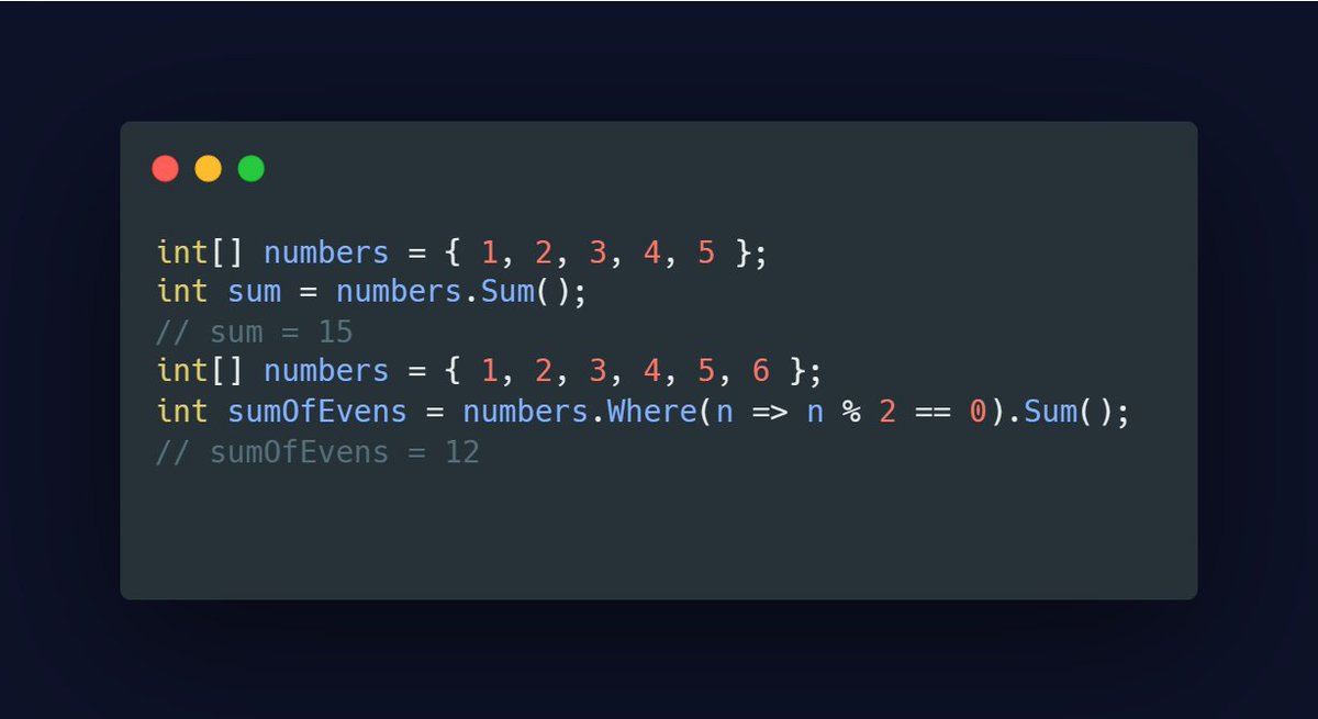 Syntax_stories's tweet image. The LINQ Sum method in C# is used to calculate the total or sum of numeric values in the collection.
#csharp #dotnet #linq