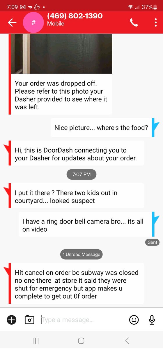 stoneyslayer's tweet photo. @DoorDash_Help @carissafollis Door dash support ignored this... dasher claims they dropped the order, then said 2 kids stole it, then admits to not dropping it off. Refused to refund the order, refused to re-delivery, and maintained the dasher dropped off the order... good luck 😆 https://t.co/9XtEnpt9Xr