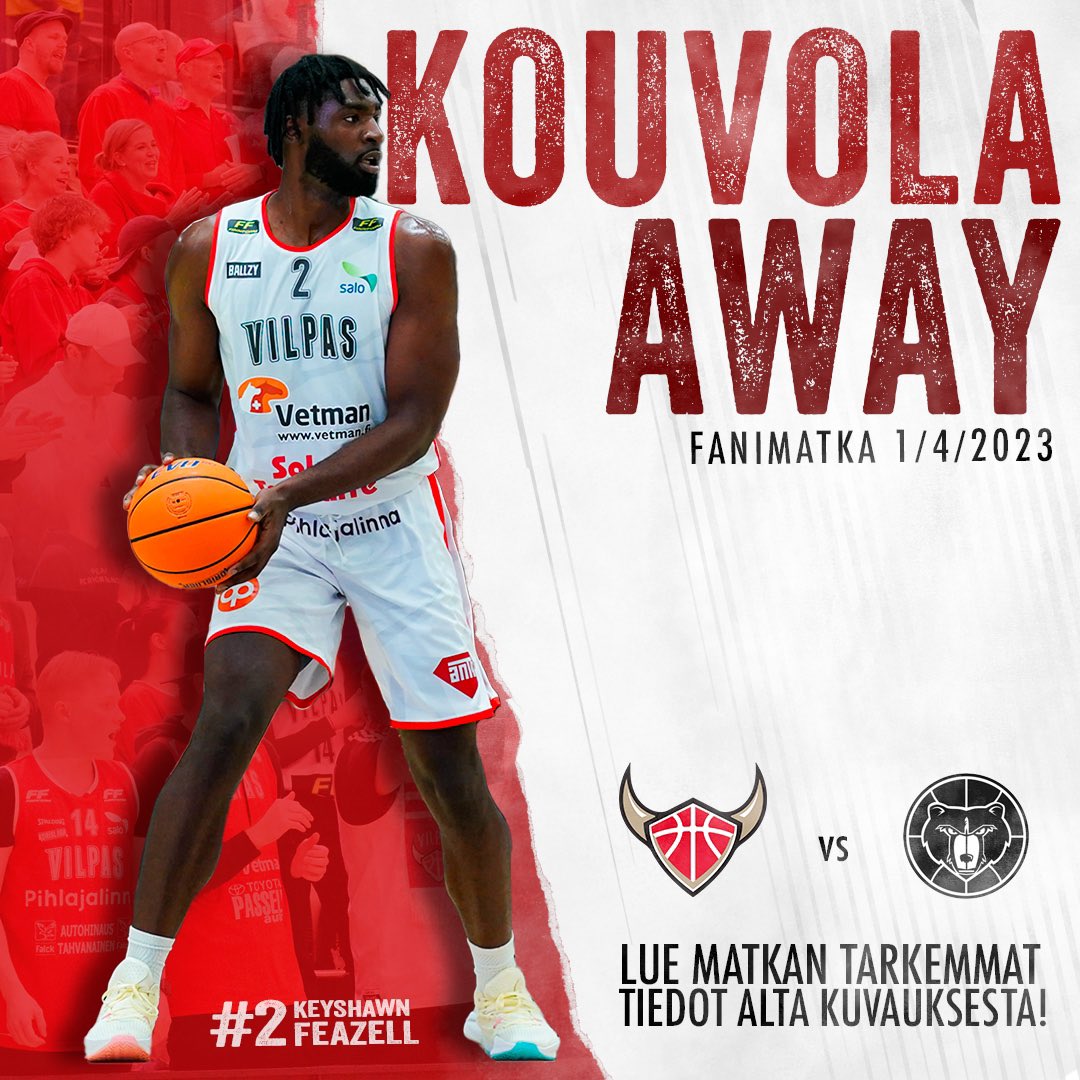 💰 30€ (sis. matkan &amp; matsin)
📌 MLL areena, Kouvola
⏰ Lauantai 1.4.2023 klo 17:00
🚌 Bussi lähtee Salon Hookin edestä klo 13:00 (Helsingintie 8, 24100 Salo)

Sitovat ilmoittautumiset viestillä
(etu- ja sukunimi) numeroon:
045 892 3588

#korisliiga #punavalkoinenkevät