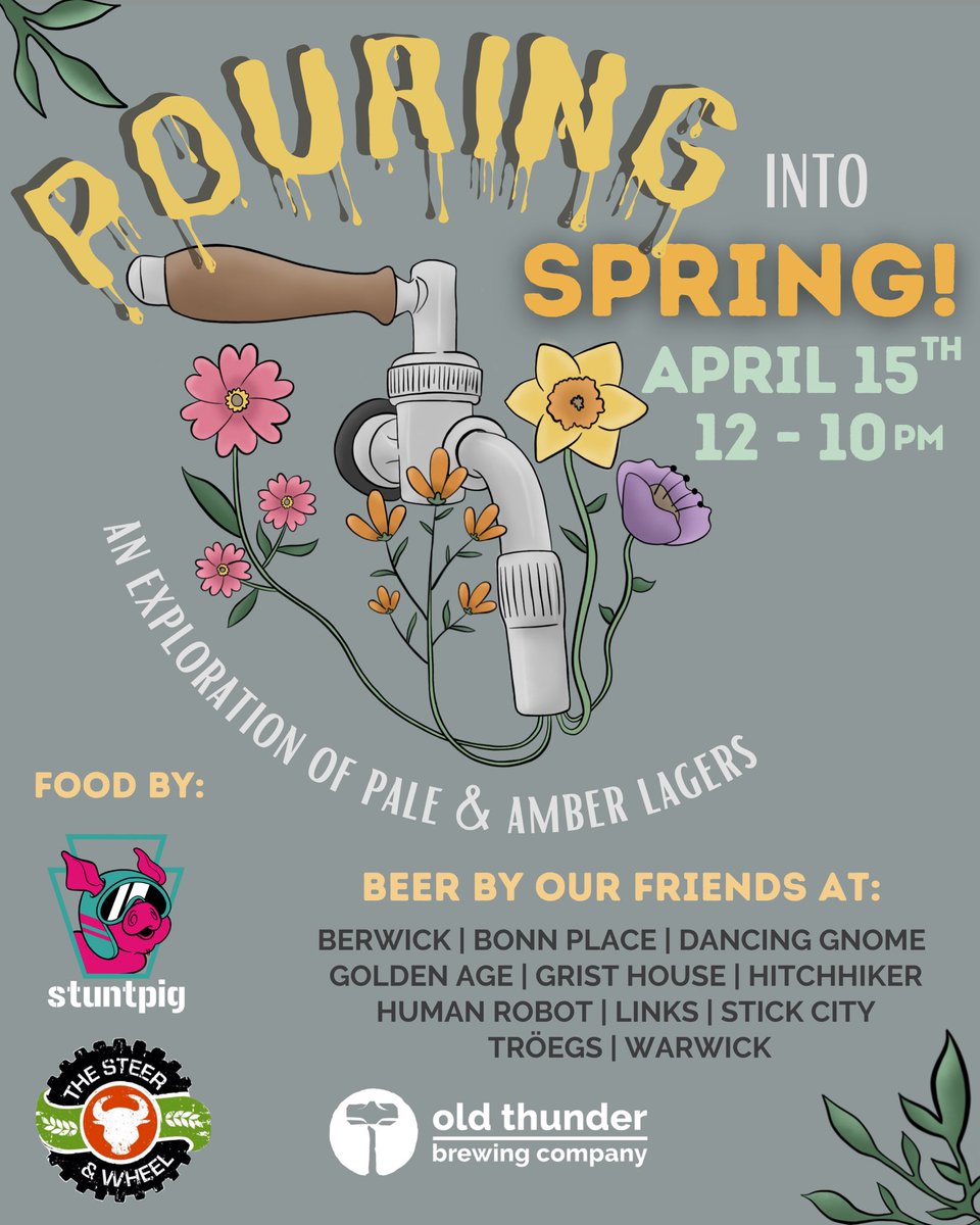 Please join us in the taproom for the next Lager experience on Saturday, April 15th, from 12pm until 10pm. 

Pouring into Spring 🌼🌺🌸
An Exploration of Pale &amp; Amber Lagers

It’s the perfect time to celebrate Pennsylvania’s wonderful Spring-time Lagers 🍻