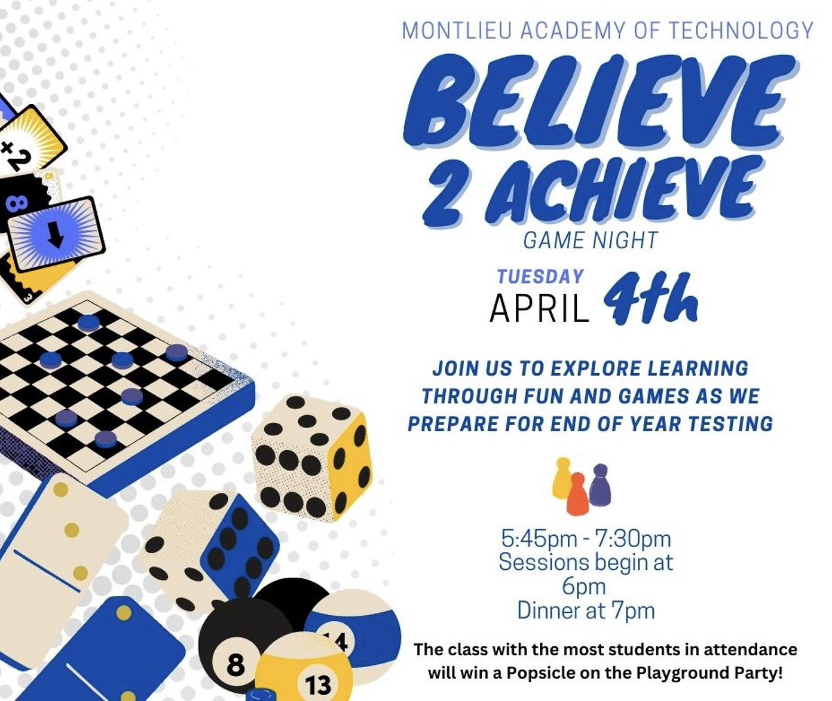 Families don’t forget Believe 2 Achieve is next Tuesday April 4th,2023! We invite everyone to join us in learning about end of year testing through games and other fun activities.🎉

***A special performance will be done at the end of the night by our amazing Step Team!***