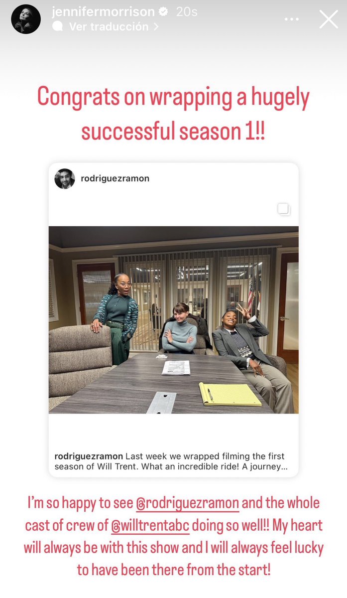 From <a href="/jenmorrisonlive/">Jennifer Morrison</a> iG story “I'm so happy to see <a href="/rodriguezramon/">Ramón Rodríguez</a> and the whole cast of crew of <a href="/willtrentabc/">Will Trent</a> doing so well!! My heart will always be with this show and I will always feel lucky to have been there from the start!” #jennifermorrison