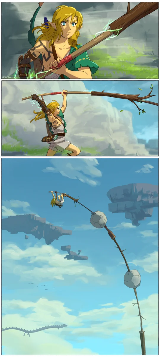 Link from The Legend of Zelda: Tears of the Kingdom Game for the Nintendo Switch family of video game systems uses Fuse to make a really long pole vault and vaults into the sky.
