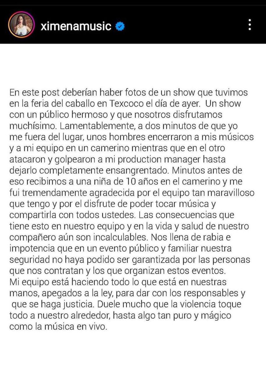 _Tiempo_Real's tweet photo. 🔴 La cantante Ximena Sariñana emitió un comunicado en el que informó que luego de su presentación en la Feria del caballo de texcoco sus músicos y equipo fueron encerrados en un camerino y su production manager fue golpeado brutalmente.

La intérprete aclaró que se encuentra bien, pero exige justicia hasta dar con los responsables. @ximenamusic