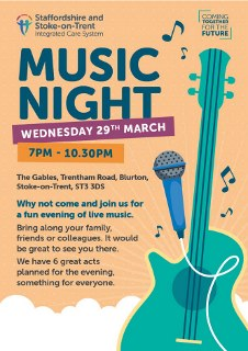📢📢🤗🤗 Music night alert !! 📢📢🤗🤗

Calling all health &amp; social care colleagues working in Staffordshire and Stoke. A great music night will take place at the Gables, Trentham Road, Blurton TONIGHT. Arrive early to avoid disappointment.