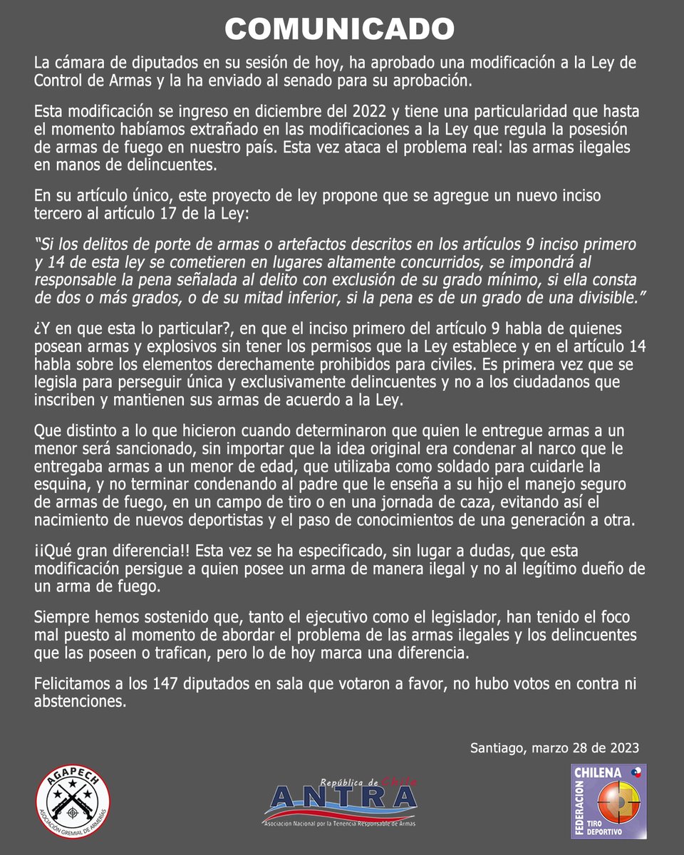 ANTRA_Chile's tweet photo. Esperamos que por fin esten comprendiendo...
Se aprueba en la cámara de diputados por unanimidad sanción más alta a delincuentes  que porten armas en espacios públicos. Ahora falta el senado.
#DefiendeTuArma
@lucorcas @PughSenador @ivanmoreirab @sekeitel @Ennio1972 @sgmnu https://t.co/OoqoLiTLXX