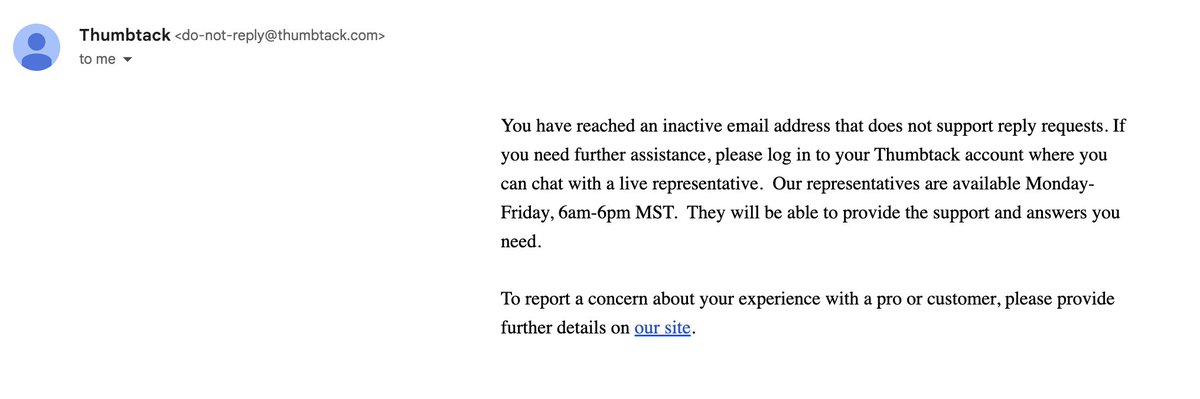 GregGoodson's tweet photo. @thumbtack @Mostafakhn Here's what happens when you email support@thumbtack.com btw https://t.co/5hYmwud8e9