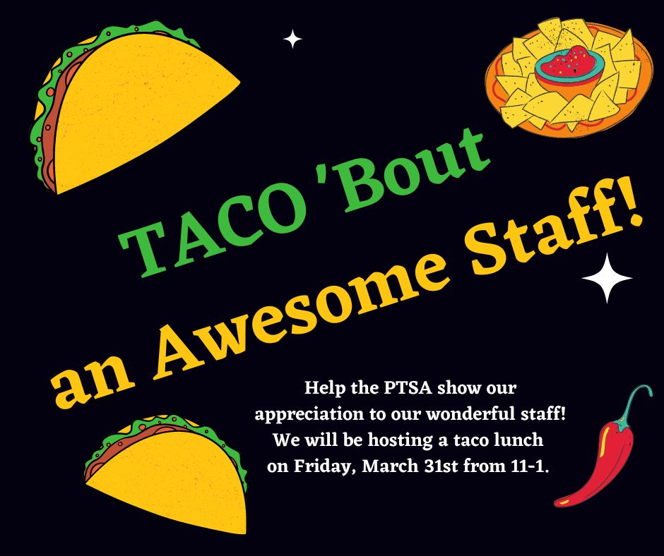 SMSKYPTSA's tweet photo. Help us show our appreciation to our wonderful staff!  PTSA is hosting a taco lunch on Friday, Mar 31, 11-1.  Taco Tico is generously donating all of the meat, but we need the rest of the fixings!  Signup here: https://t.co/MrTAKWJvGM @southern_middle #SpartanPride https://t.co/z5sS1vD0tv