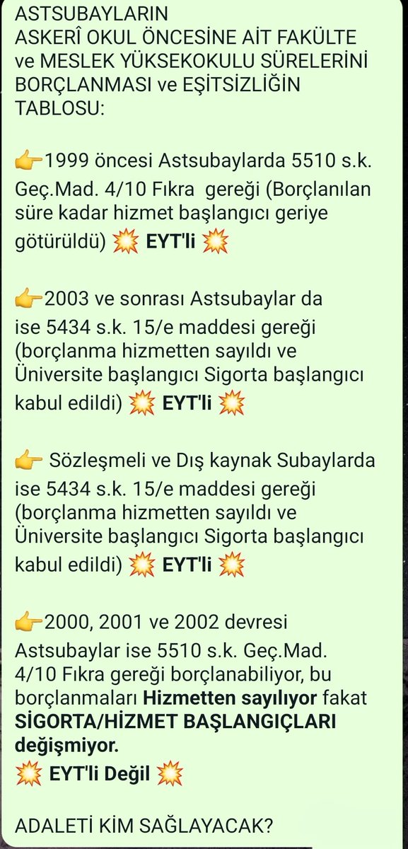EYILMAZ3503's tweet photo. Sivil Okul Borçlanması Mağdurları 2000, 2001 ve 2002 devresi Astsubaylar çıkacak olan TORBA YASADA olmak istiyorlar.
@RTErdogan 
@dbdevletbahceli 
@ErbakanFatih 
@akbasogluemin 
@erkanakcay45 
@celebimehmeta 
@mustafaelitas 
@MKalayci42 
@_cevdetyilmaz
#EGMveTSKBorçlanmaMağduru https://t.co/mlhFWflHmv