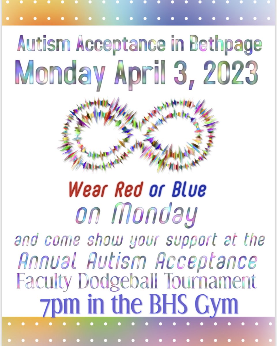 Politidis_JFK's tweet photo. Come show your support at the Annual Autism Acceptance Faculty Dodgeball Tournament on Monday April 3rd!!!❤️💙💪🏼⁦@BethpageUFSD⁩ ⁦@JFK_Bethpage⁩ #wearebethpage https://t.co/oA3TPIBaFq