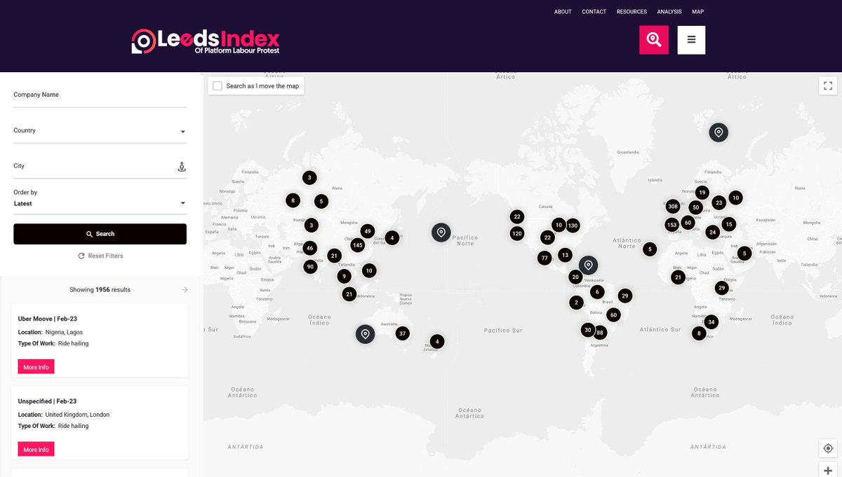 EnLuchaVTC's tweet image. ¡Impresionante trabajo de @Leeds_Index! 😮 

🗺️ #MapaInteractivo mundial de movilizaciones de trabajadores de plataformas (#gigworkers). #Huelgas, manifestaciones de #riders y conductores de #VTC de #Uber📴, #Bolt📴, #Glovo, #Lyft, #Cabify📴, #Rappi, etc. leeds-index.co.uk