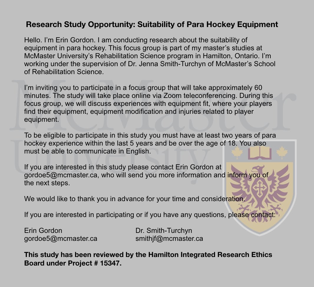 Seeking 2 more female players to participate in our focus group. Monday, April 3rd at 6 PM MST. #parahockey #sledgehockey @CSHWT