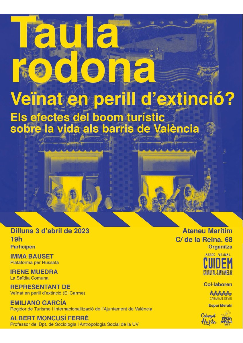 📢#TAULARODONA Què està passant al Cabanyal-Canyamelar i altres barris de València amb el boom turístic? 🛳️
Amb <a href="/PxRussafa/">Plataforma Per Russafa</a> @VeinatenPerill <a href="/la_saidia/">La Saïdia Comuna</a> <a href="/albertmoncusi/">Albert Moncusí Ferré</a> i <a href="/emilianoVLC/">Emiliano García</a> 
⌛️Dilluns 3-A, 19h.
🧭Ateneu Marítim (C. Reina 68)