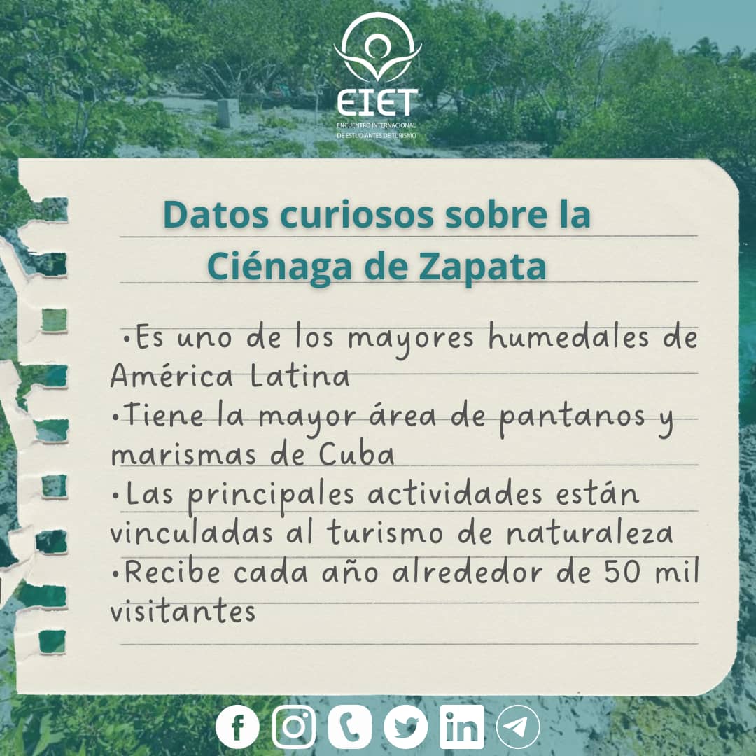 eietcuba's tweet photo. ¿Quieres conocer más sobre la Ciénaga de Zapata? 😎🌴

Por aquí te dejamos algunos detalles 📌👀

Sigue nuestras redes🌐🖇️
https://t.co/XicwnoezVg

#EIET2023 #EIETCuba #EstudiantesDeTurismo #SomosFTUR #SomosUH
#15aniversario #FTUReduca #FTURcumple15 https://t.co/lUQ1IT9F5H