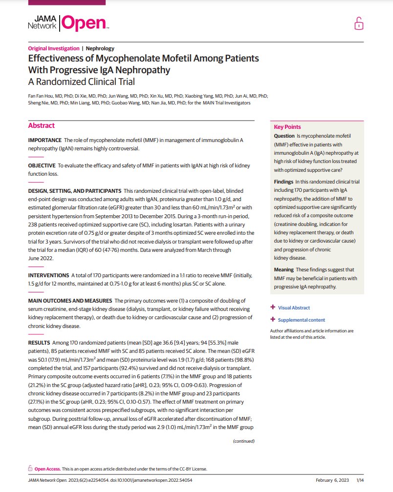 MAIN Trial: Effectiveness of Mycophenolate Mofetil Among Patients With Progressive IgA Nephropathy - A Randomized Clinical Trial ca. 2023 from <a href="/JAMA_current/">JAMA</a> #Nephpearls #NephJC 

#VisualAbstract by <a href="/meyyappannephro/">Jeyakumar Meyyappan</a> 

jamanetwork.com/journals/jaman…