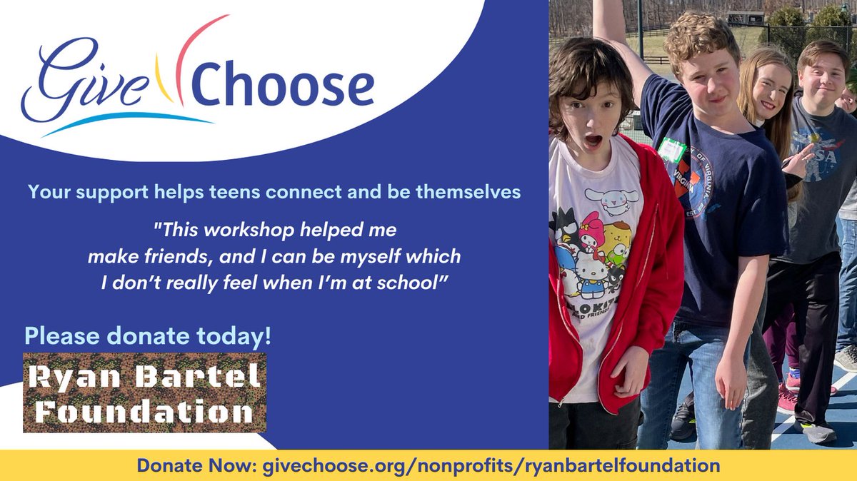 Ryan Bartel Foundation provides a safe, accepting space for young people to be themselves, explore their identity and know that they are enough. Please donate today to help our youth find acceptance through our programs.
givechoose.org/nonprofits/rya…
#givechoose #givechoose2023
