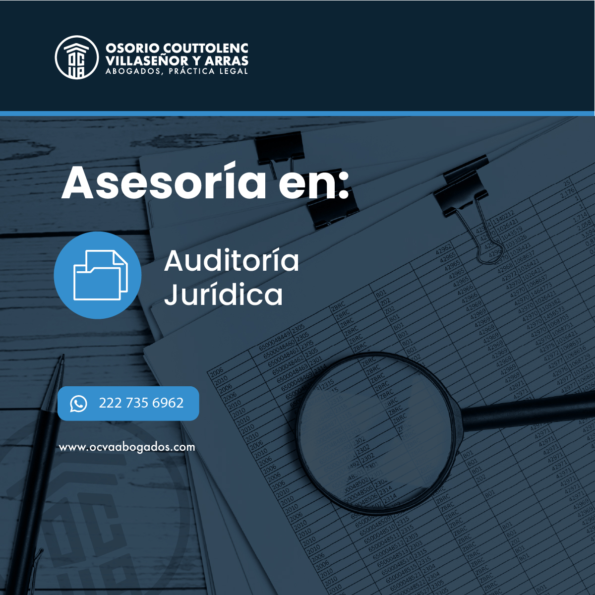 ¿Necesitas una auditoría jurídica de tu empresa o asesoría en temas legales? En OCVA Abogados estamos aquí para ayudarte.

Nuestro equipo de abogados especializados en auditoría jurídica y asesoría te brindará una revisión completa de la situación legal de tu empresa