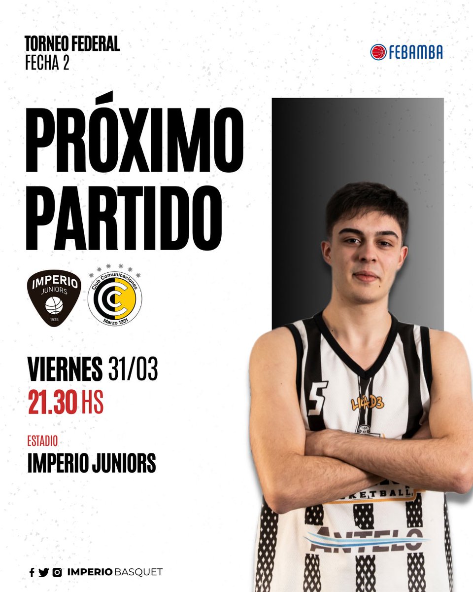 🔜 𝗣𝗥𝗢𝗫𝗜𝗠𝗢 𝗣𝗔𝗥𝗧𝗜𝗗𝗢

🏆 Torneo Federal • Fecha 2

🆚️ Comunicaciones
📆 Viernes 31/3
🕜 21.30 hs
🏟 Estadio Imperio

#UnImperioGrande ⚪⚫