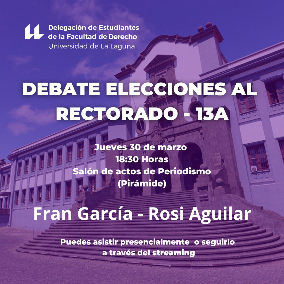 🔴 <a href="/delederechoull/">Delegación de Estudiantes Facultad de Derecho ULL</a> ha organizado el, hasta ahora, único debate para las Elecciones al Rectorado de la <a href="/ULL/">Universidad de La Laguna</a> este 13 de abril.

👉🏻 <a href="/seguimosrosi/">seguimosrosi</a> y @FGarciaULL  debatirán únicamente sobre propuestas relativas a estudiantes para los próximos 4 años 🧩

Te esperamos! 😄