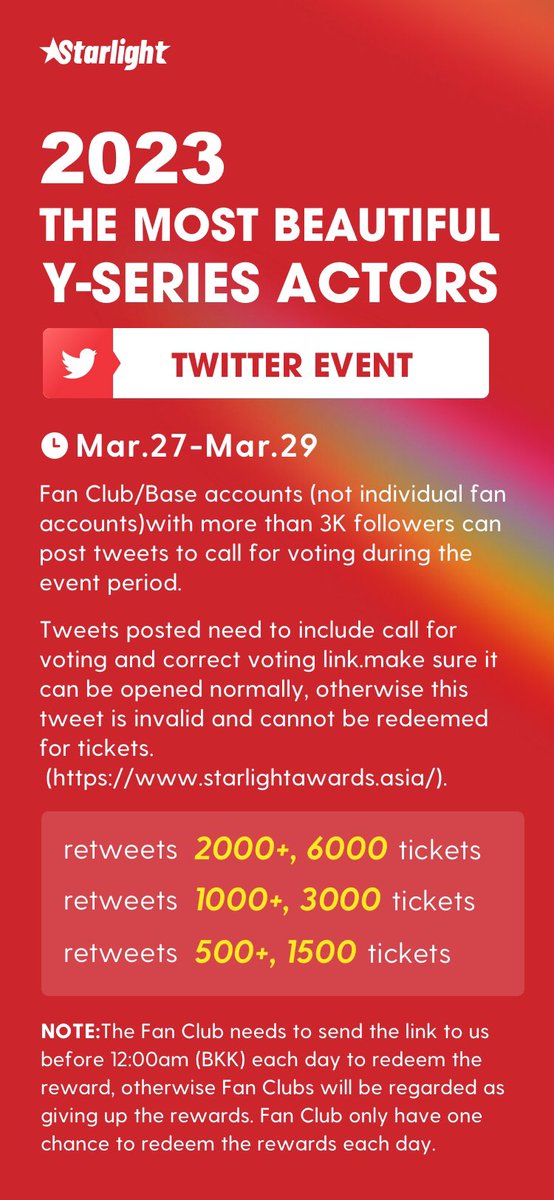 DAY3
เชิญชวนทุกคน RT ให้ได้ 2000  เพื่อแลกคะแนนโหวต" #BuildJakapan " ด้วยนะคะ

📍2000 RT= 6000 Tickets 
📍1000 RT= 3000 Tickets 
📍 500 RT = 1500 Tickets 

🔗: starlightawards.asia

#STARLIGHTAWARDS
#Beyourluve 
#ชมรมคนตาสระอิ