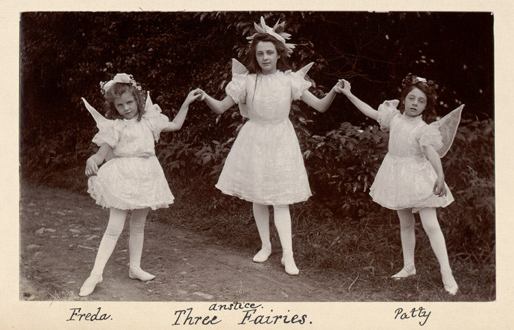 Freda, Anstice & Patty as fairies at the majestic pageant which was performed at the grounds of Llanelwedd Hall on 11 August 1909, by Percy Benzies Abery and Wallace Jones.