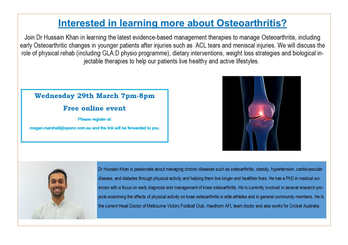 Tonight! <a href="/7pm/">Huong Le</a> free online presentation.  
#DrHussainkhan #Osteoarthritis  #SportsMedicine
