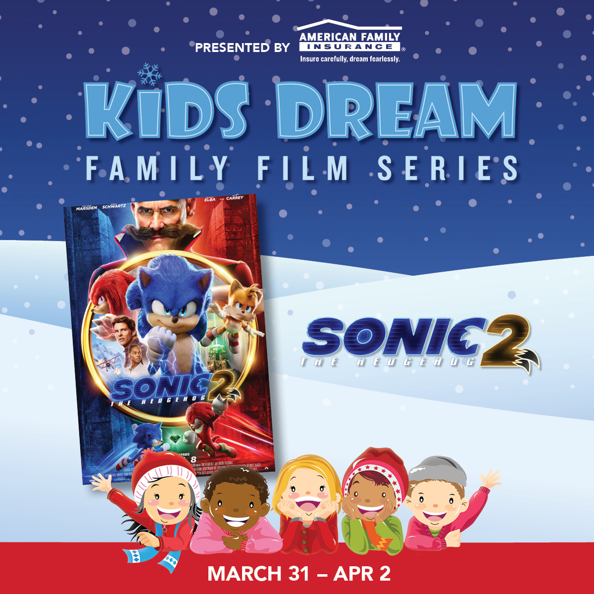 Don’t blink. You might miss it! Sonic the Hedgehog 2 is back at Marcus Theatres March 31 – April 2 as the last movie of our #KidsDreamFilmSeries, presented by American Family Insurance. Free tickets here https://t.co/zUIZEntFh9 https://t.co/4jjqTD62DS