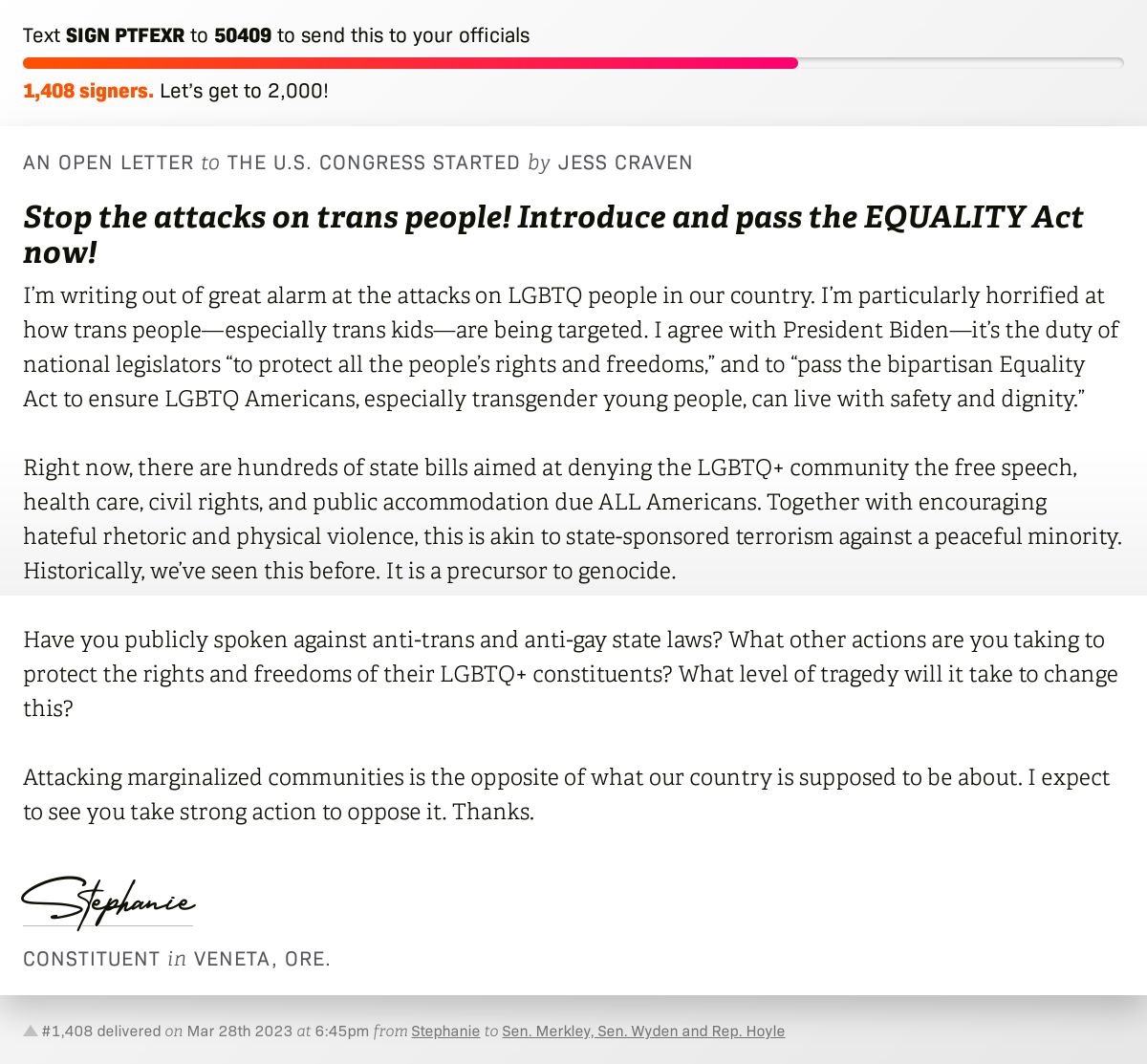 openletterbot's tweet photo. 🖋 Sign Stop the attacks on trans people! Introduce and pass the EQUALITY Act now! and I'll deliver a copy to your officials: https://t.co/mn7v7n4p8x 📨 No. 1,408 is from @stphaniethebest to @SenJeffMerkley, @RonWyden and @repvalhoyle #OR4 #ORpol https://t.co/bt0V7ewX8o