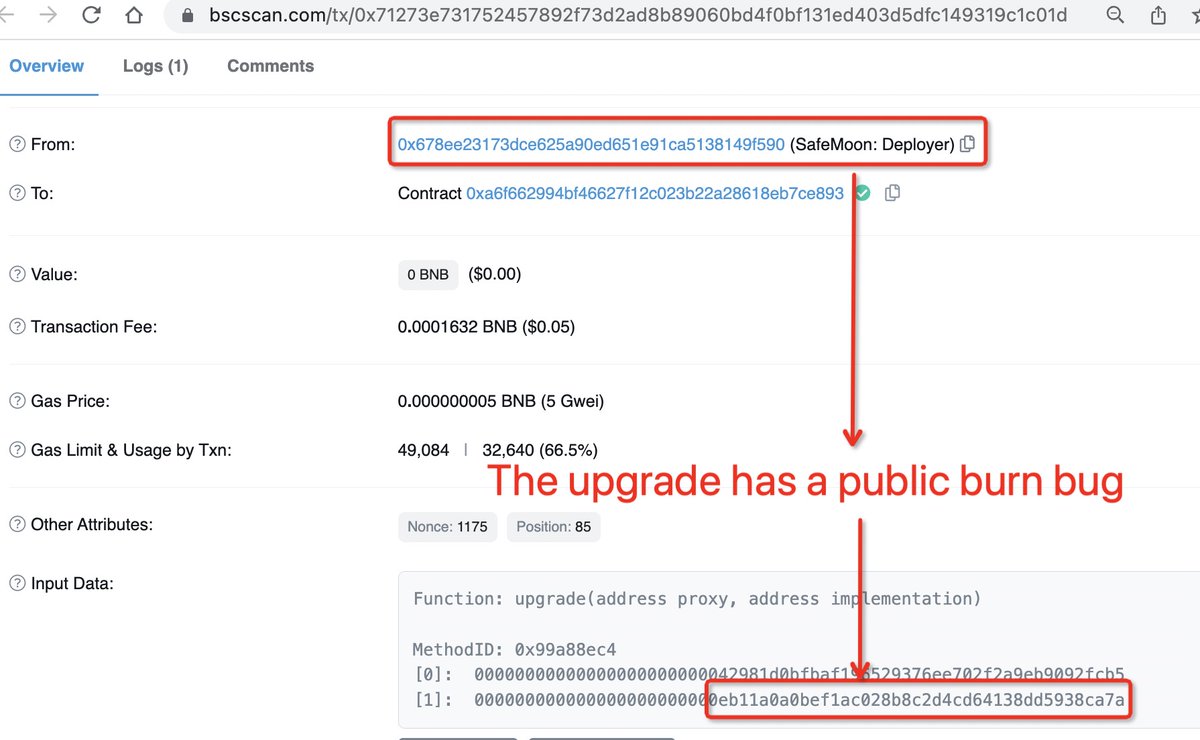 peckshield's tweet photo. Hi @safemoon The upgrade, with the exploited public burn bug, was initiated by the official SafeMoon: Deployer. (Admin key leak?) And here comes the upgrade tx.  https://t.co/ffAhm9qhgG https://t.co/9CQhseircP