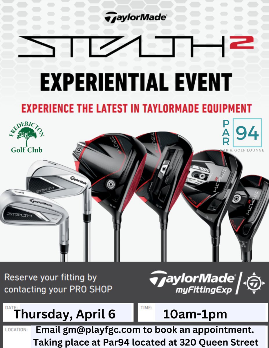 Fredericton Golf Club (@playfgc) on Twitter photo TaylorMade Fitting day scheduled for Thursday, April 6 from 10am-1pm. Limited space available. Drop by on and get fit with what the pro's are playing at the Masters. Email Chris Billings at gm@playfgc.com to book an appointment. <a href="/thegolfnb/">Golf New Brunswick</a> TaylorMade Fitting day scheduled for Thursday, April 6 from 10am-1pm. Limited space available. Drop by on and get fit with what the pro's are playing at the Masters. Email Chris Billings at gm@playfgc.com to book an appointment. <a href="/thegolfnb/">Golf New Brunswick</a>
