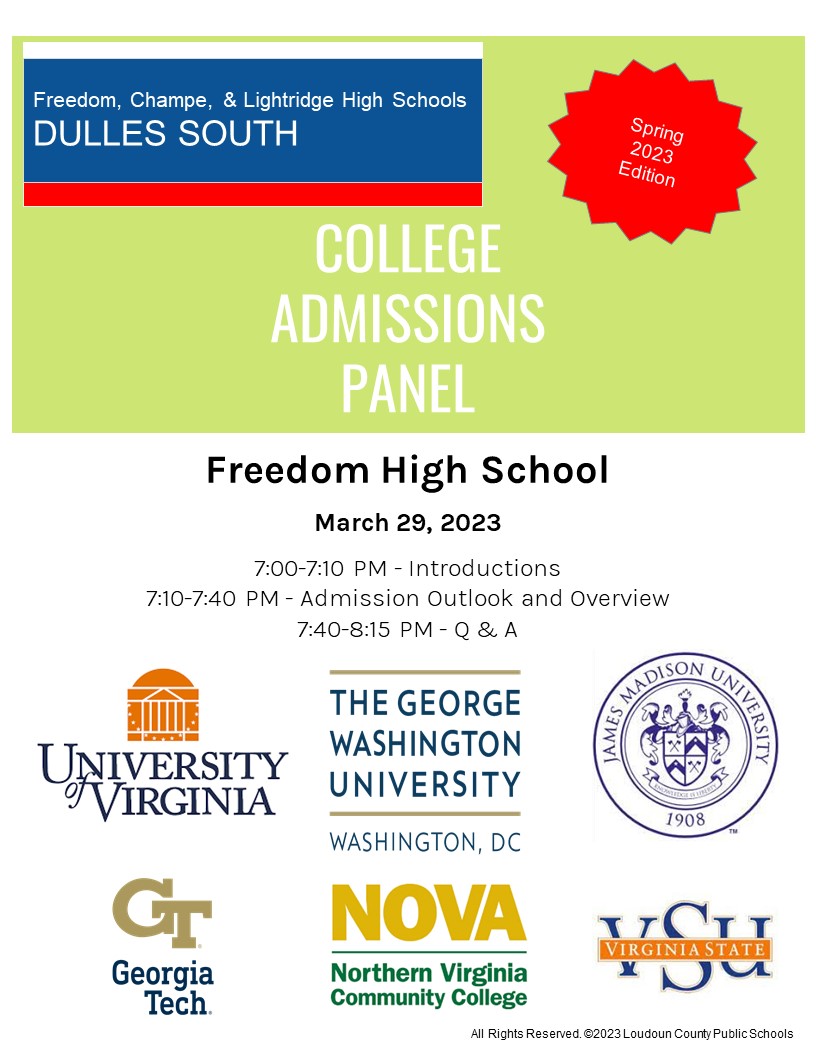 Don't forget to attend this informative college admissions panel presentation. It will be hosted by Freedom High School on Wednesday, March 29, 2023. Starting promptly at 7:00 PM. All Sophomore &amp; Junior Students &amp; their parents won't want to miss this.
